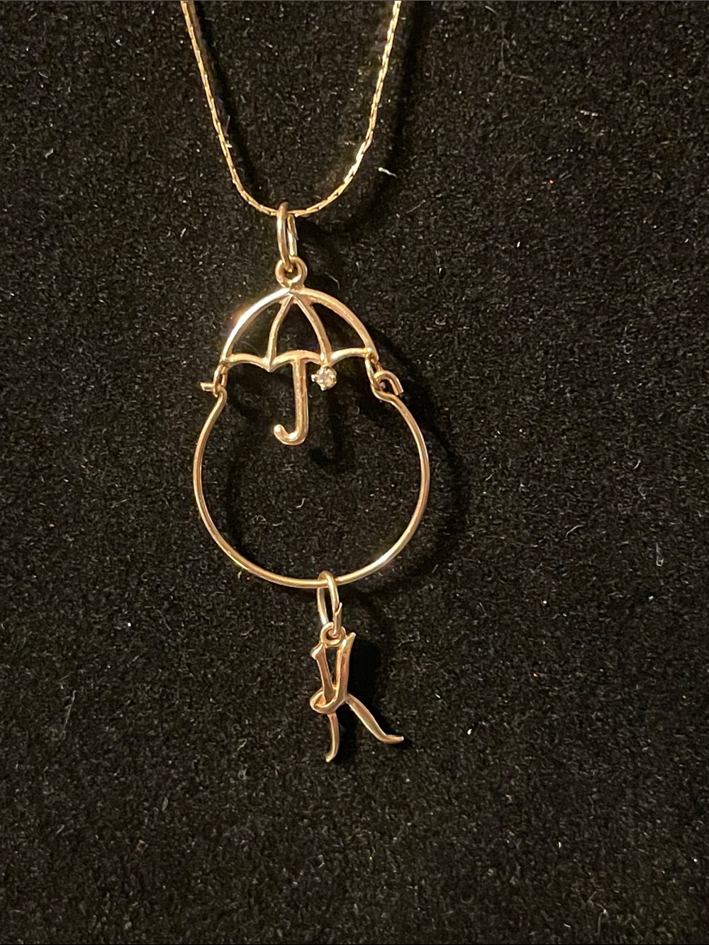 Vintage 14k Umbrella With Diamond Raindrop Charm Holder Pendant Necklace